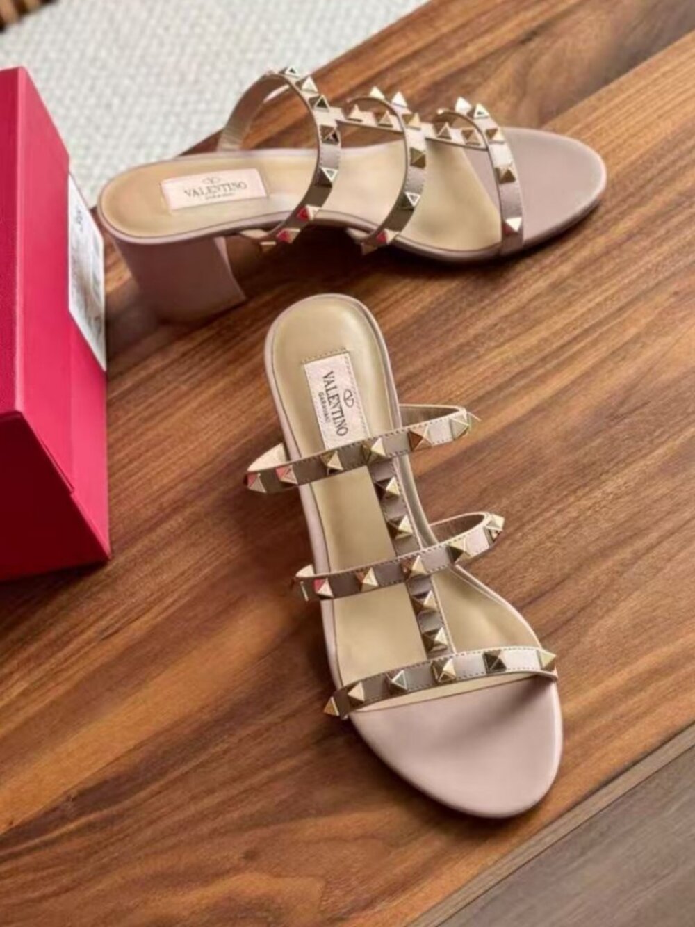 Valentino Rockstud Triple Strap Chunky Block Heel Slide Mules